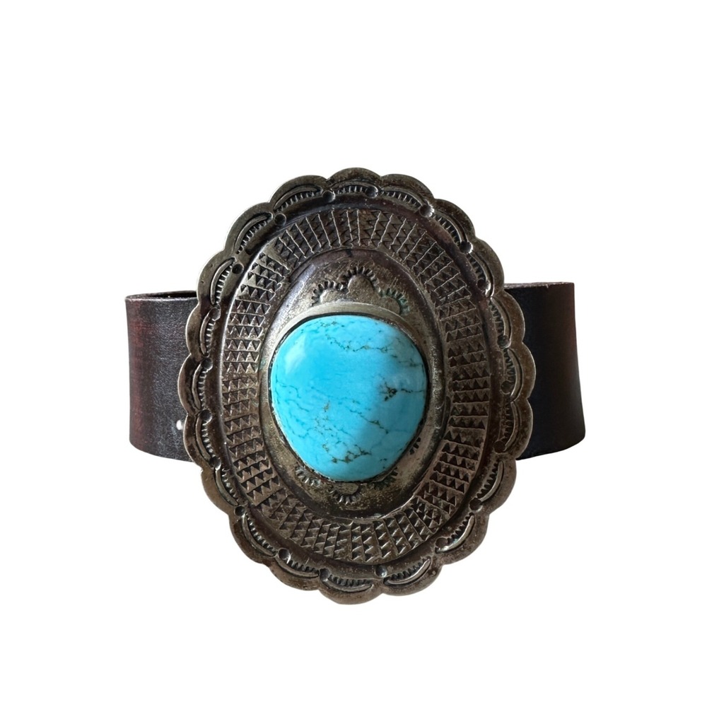 Vintage Mexico Turquoise Leather Cuff Bracelet Silver Tone Stamped Concho Brown